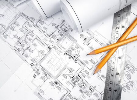 High angle view on the plan of electrical installationの写真素材