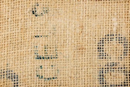 Linen canvas background. Blue print text on the cotton fabricの写真素材