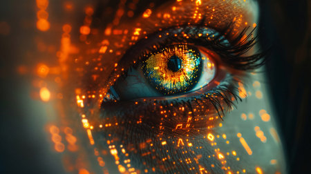 Close-up human eye in process of scanning retina. Biometric technology. Cyber securityの素材