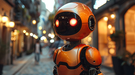 Orange robot walking down the streetの素材