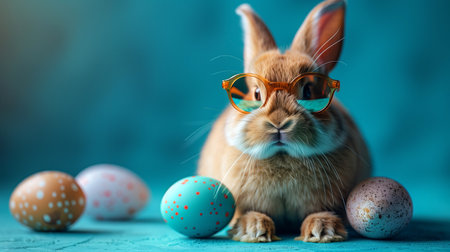 Rabbit with sunglasses and Ðaster eggs on blue backgroundの素材