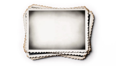 A top-down view of a stack of vintage, blank black and white photographs with decorative, scalloped edges on a white backgroundの素材