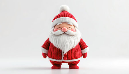 A cute plump, smiling Santa Claus figure with a white beard, wearing a red knitted suit and a matching hat with a large pompomの素材