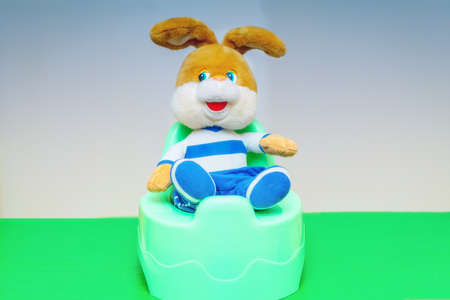 The toy rabbit sits on a chamber potの写真素材