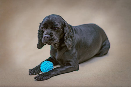 Black dog breed American cocker spaniel lies, blue ball between his paws. Selective Focusの写真素材