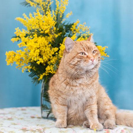 The red cat is sitting next to a bouquet of mimosasの写真素材