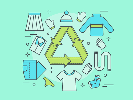 recycling of clothes. Secondary processing of clothing. Symbol of environmentally friendly non-waste production. A popular recycling trend. Vector illustration in a linear style.のイラスト素材