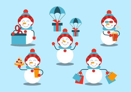 A set of snowmen. The snowman makes a purchase, gets a discount, receives gifts, eats pizza, watches a movie and eats popcorn. Vector illustration.のイラスト素材