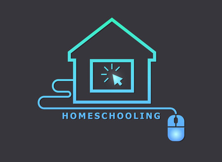 Homeschooling. Online tuition remotely. The symbol of family learning. The house and computer.のイラスト素材