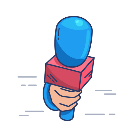 Microphone in hand. The hand holds the microphone for the interview. Linear Vector Illustrationのイラスト素材