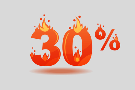 thirty percent discount, numbers on fire. Flat Vector Illustrationのイラスト素材