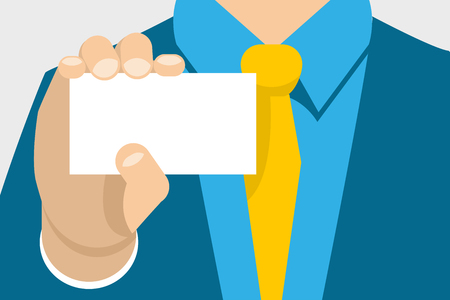 Hand with a business card close up. Empty place for text. Flat Vector Illustrationのイラスト素材