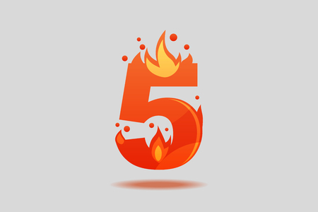 Number five, decorated with red flames and sparks. Flat Vector Illustrationのイラスト素材