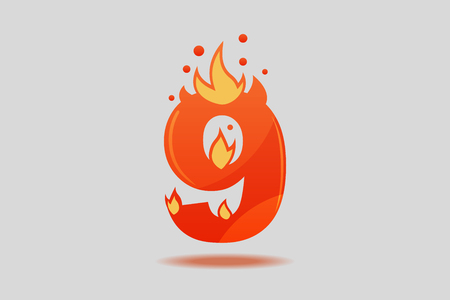 Number nine, decorated with red flames and sparks. Flat Vector Illustrationのイラスト素材
