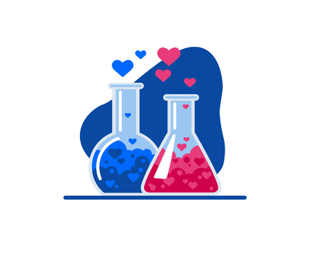 Hearts fly out of two glass flasks, a chemical reaction occurs. Symbol of love. Flat Vector Illustrationのイラスト素材