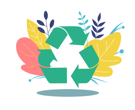 Recycling symbol. Icon in flat style. Icon recycling on the background of flowers and leaves. Flat Vector Illustrationのイラスト素材