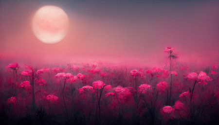 Meadow artwork floral field pink flowers moonlightの素材