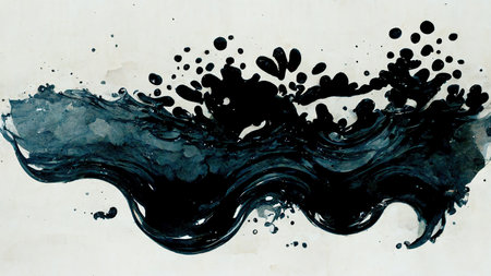 Ink splash. abstract paint. Black blotch stain on white background. Wavy messy expressionist patternの素材