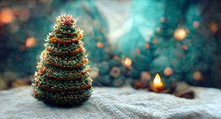christmas tree. winter holidays. Xmas celebration. Ornate green pine on white snow bokeh festive light design illustration abstract free space background.の素材