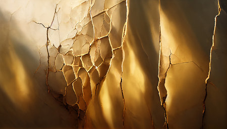 cracked gold. Broken texture. weathered surface. Yellow sunlight rays on bronze fractured crashed distressed old wall collage abstract background.の素材