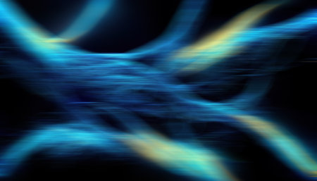 Blur glow. light motion. bokeh glare. Defocused blue yellow fluorescent color curve lines texture on dark black collage abstract background.の素材