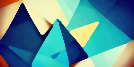 Color block abstract background. Triangle pattern Cyan blue yellow orange asymmetric pyramid design geometric ornament art illustration with free space.の素材