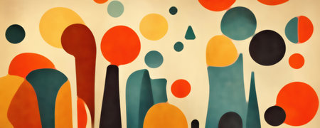 colorful background. geometric artwork. Playful design. Orange red yellow blue black dot circles triangles pattern abstract art illustration.の素材