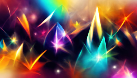 color sparks. light flare. Festive fireworks. Blur neon purple red blue yellow shiny spotlight flash rays on dark black illustration abstract background.の素材