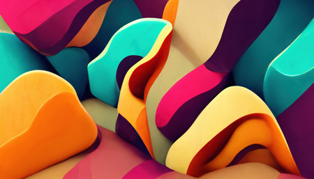 colorful background. abstract pattern. Mosaic elements. Vibrant orange cyan blue pink purple curve blocks playful abstract design art illustration.の素材