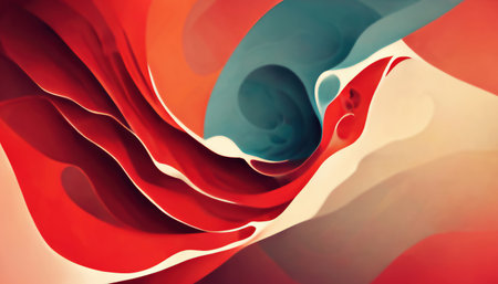 Color block abstract background. layered texture. Defocused vibrant red orange blue beige curve waves design decorative art illustration.の素材