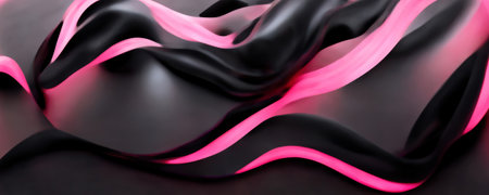 Silk wave curve texture. Glowing flow. Blur neon light pink black color striped veil floating motion design art illustration abstract background.の素材