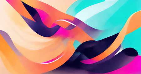Graphic painting. colorful strokes. digital pattern. Creative illustration with mint green yellow orange purple black twisted waves in motion composition background.の素材