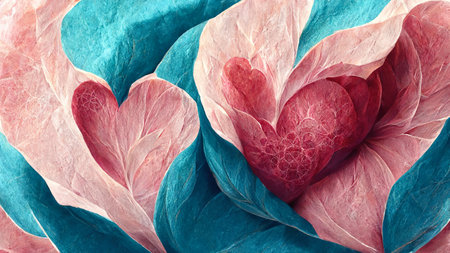 floral hearts. romantic background. Valentine Day. Pink red blue color love ornate flowers petals decorative design abstract art illustration.の素材