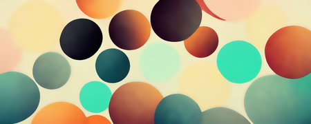 Graphic spots. digital art. abstract background. Creative illustration with black brown green sphere circles spreading on pastel yellow banner.の素材