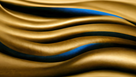 Silk wave curve texture. Glossy flow. Blur golden black blue color gradient glowing stripes minimal design art illustration abstract background.の素材