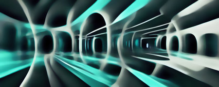 digital art. Futuristic building. Graphic pattern. Abstract illustration with light green cells and path motion composition on black background.の素材