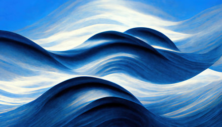 sea wave abstract artwork. Storm painting. Blur blue water white foam color gradient curves flow texture layers design art illustration background.の素材