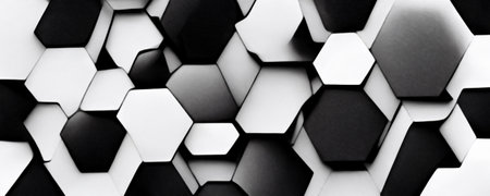 cell pattern. geometric background. Black white gray asymmetric hexagon mosaic modern design monochrome art abstract illustration.の素材