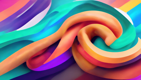 digital painting. Colorful curls. Graphic background. Bright illustration with orange violet green twisted stripes swirl in motion composition.の素材