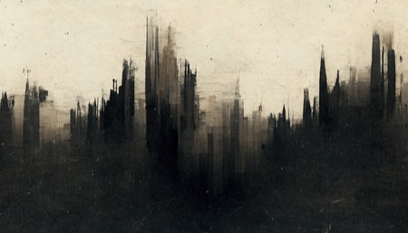 Grunge cityscape. Distressed background. urban art. Black skyscrapers painting on white weathered worn old scratched paper abstract texture illustration.の素材