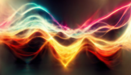 neon glow. light flare. Luminous laser. Blur yellow pink blue color radiance curve rays motion on dark collage futuristic abstract background.の素材