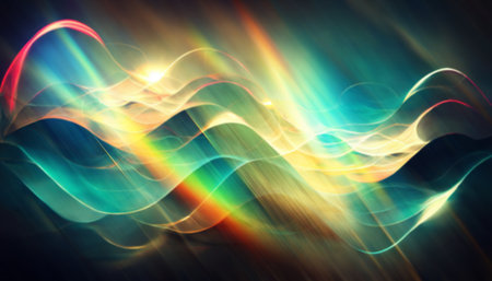 light waves. Glow motion. Blur rays. Defocused neon orange blue luminous rainbow color radiance flare collage abstract background.の素材
