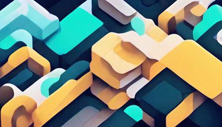 graphic art. Color layers abstract background. Cyan blue pastel yellow pink random curved block pattern creative geometric illustration.の素材