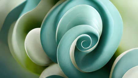 Rose bud floral spiral. Fantasy nature artwork. Blur pastel blue green white color twisted curve flower petals design art illustration abstract background.の素材