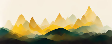 creative art. Graphic painting. natural landscape. Digital illustration with green yellow mountain shapes composition background.の素材