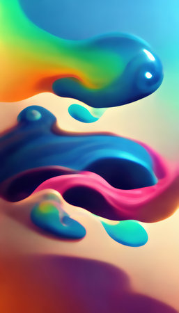 paint flow. Graphic background. creative pattern. Colorful illustration with colorful splash drops of blue pink green orange mix on gradient beige banner.の素材
