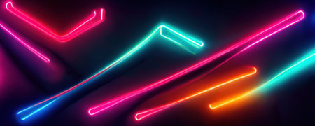 Neon lines laser background. Disco glow. Blur fluorescent pink cyan blue orange purple color light flare on dark black abstract art illustration.の素材