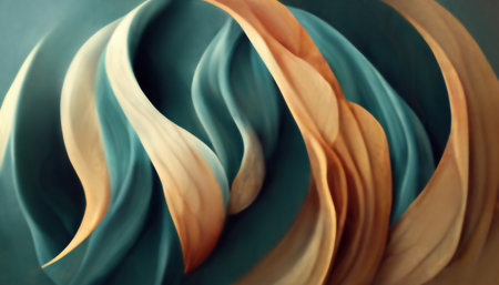 Silk wave curve texture. Veil flow. Blur orange blue color satin stripes floating motion design art illustration abstract background.の素材