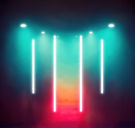 Illuminated neon straight lines. Abstract nightclub effect. Vertical lasers on blue red light glowの素材