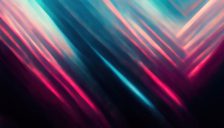 Neon rays abstract background. Futuristic illumination. Defocused bright blue pink color lines glow on dark black art illustration.の素材